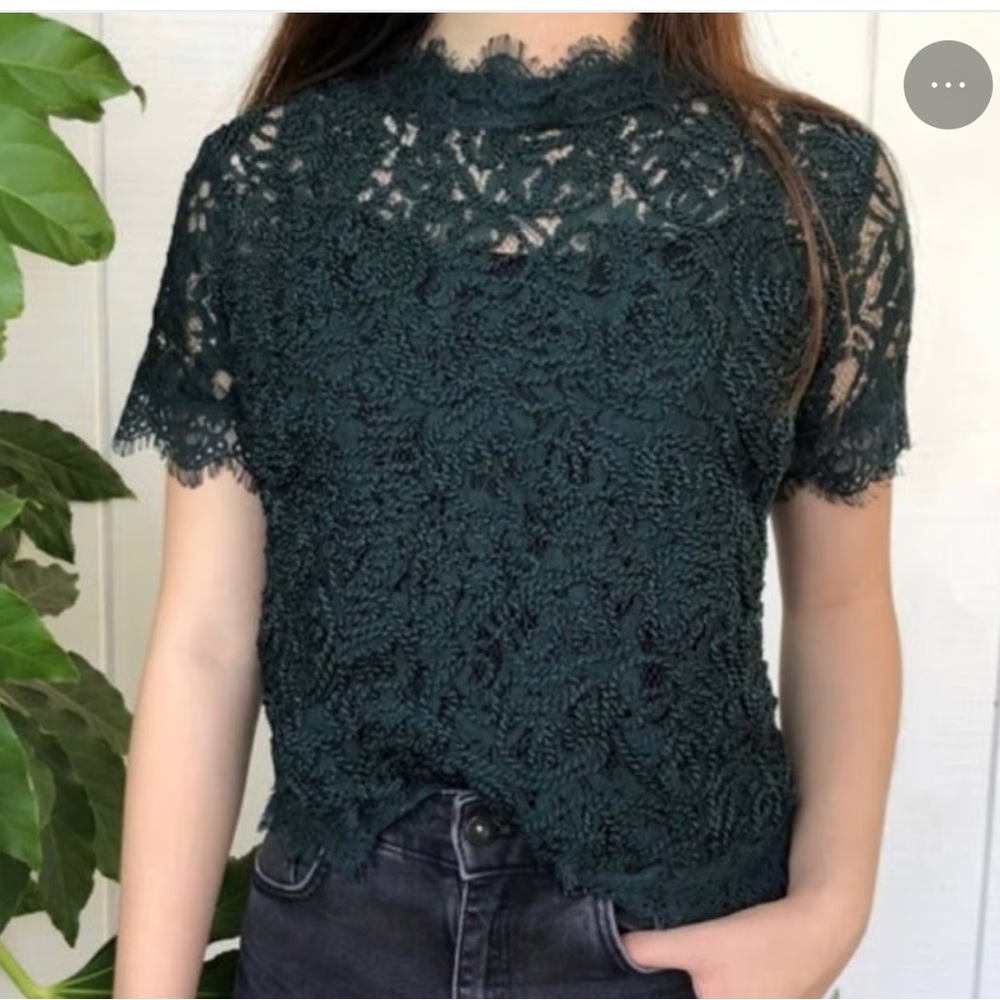 ZARA Embroidered Lace Mock Neck Short Sleeve Top.Women | Color: Green